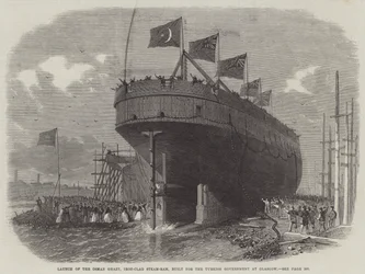 Stapellauf der Osman Ghazy, Eisenklauen-Dampframme, gebaut für die türkische Regierung in Glasgow